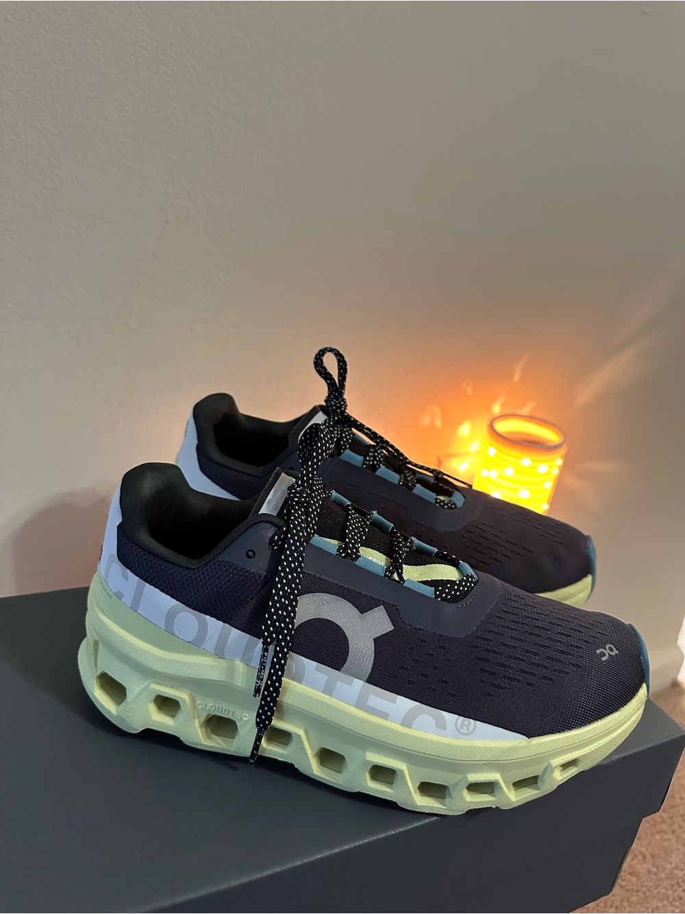 On Cloudmonster, Women’s Sneakers in Navy and Lime. Size 8.5/Men’s Size 7